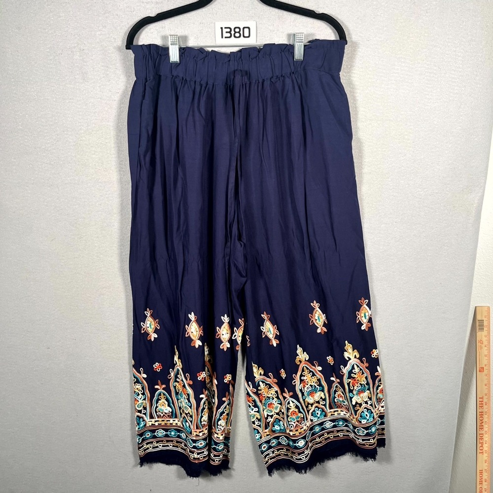 Cato Pants Womens 14/16 Navy Blue Bohemian Borderโ Print Embroidered Frayed Hem
